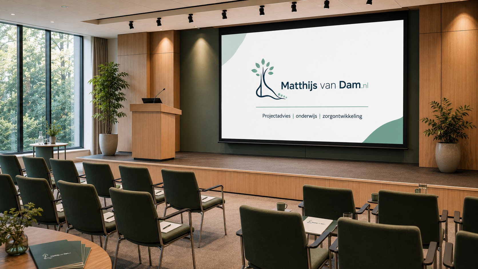 Zaal met podium en presentatiescherm van Matthijs van Dam.nl