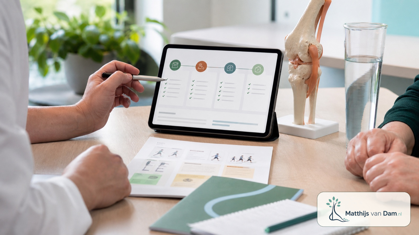 Tablet met digitaal zorgpad en knie-anatomiemodel in een spreekkamer