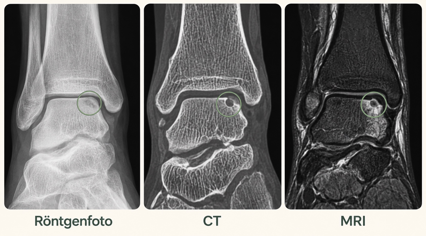 Illustratieve vergelijking van röntgenfoto, CT en MRI bij een osteochondraal letsel van de talus