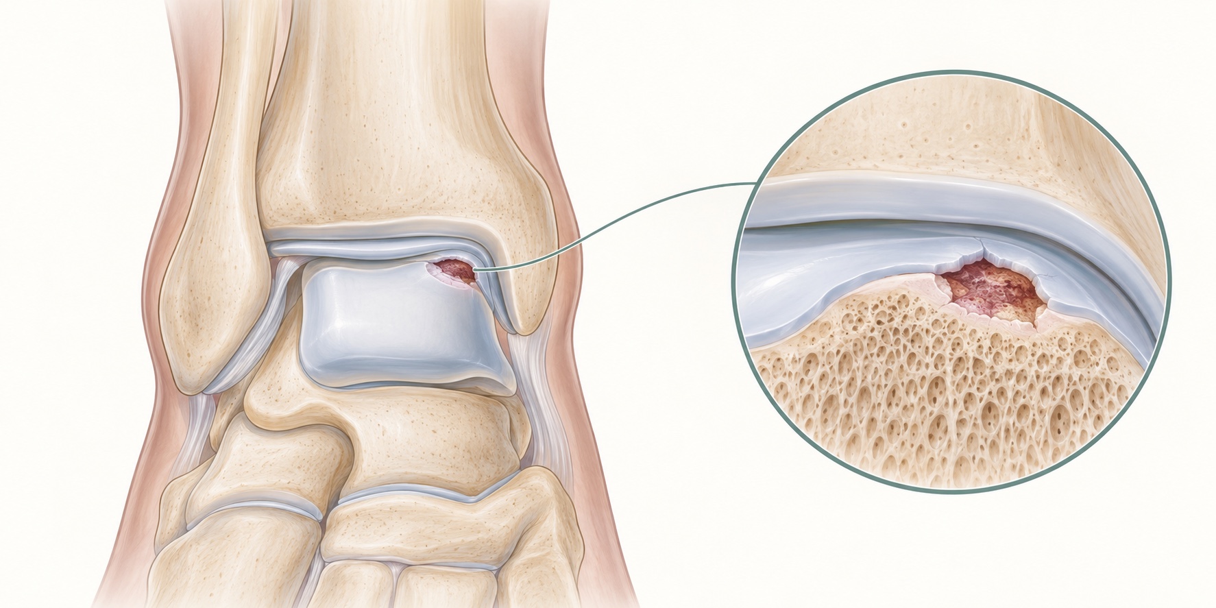 Schematische weergave van een osteochondraal letsel aan de mediale zijde van de talus, met een uitvergroting van kraakbeen en onderliggend bot