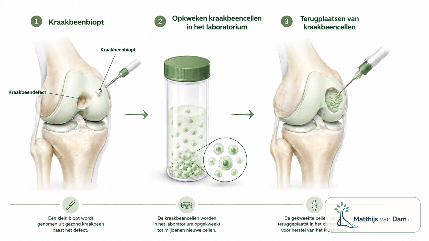 Schematische uitleg van kraakbeenceltransplantatie in drie stappen