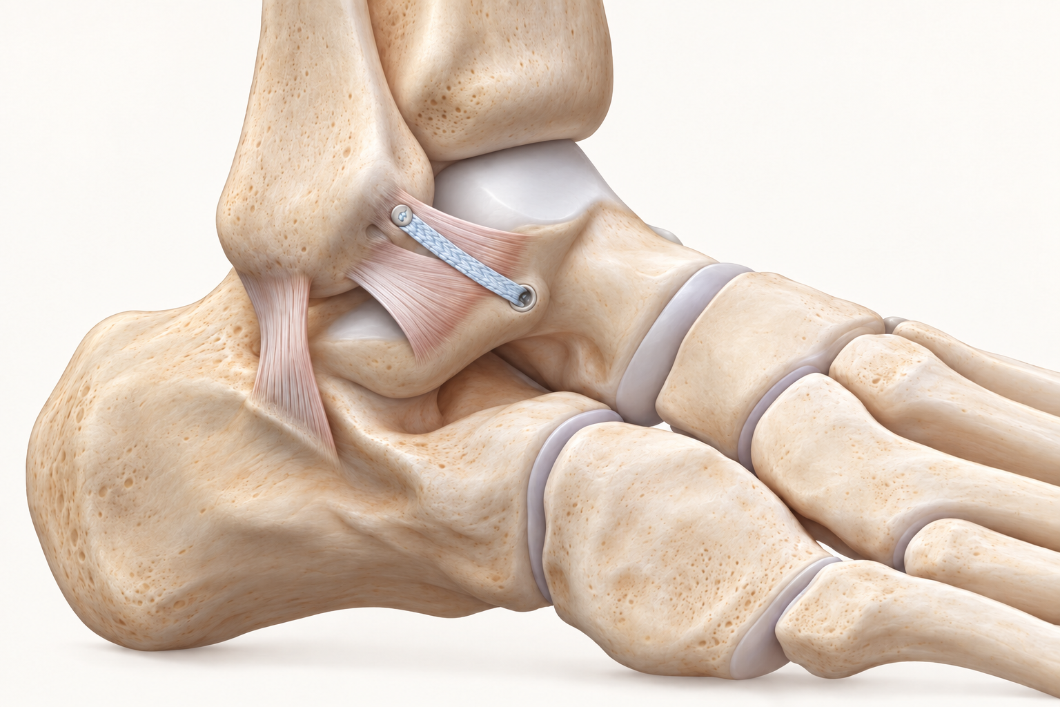 Anatomische illustratie van versteviging van de buitenste enkelbanden met een internal brace