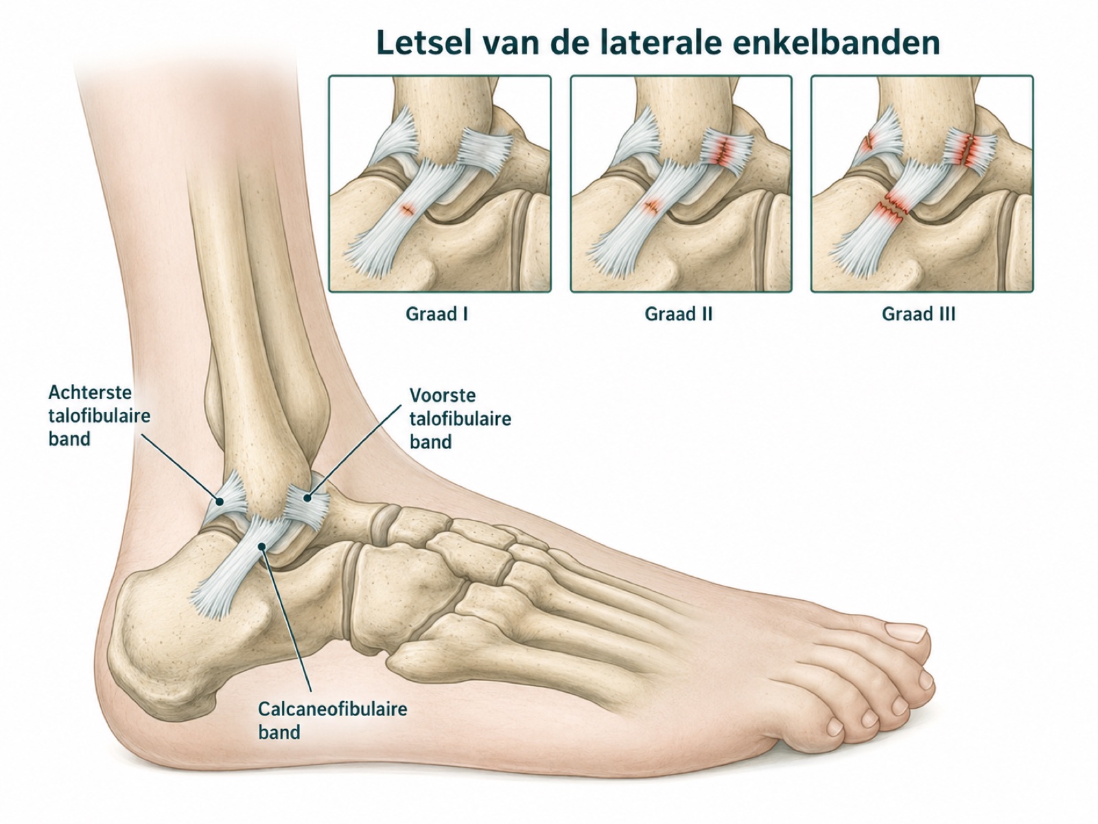 Illustratie van laterale enkelbanden en verschillende graden van bandletsel