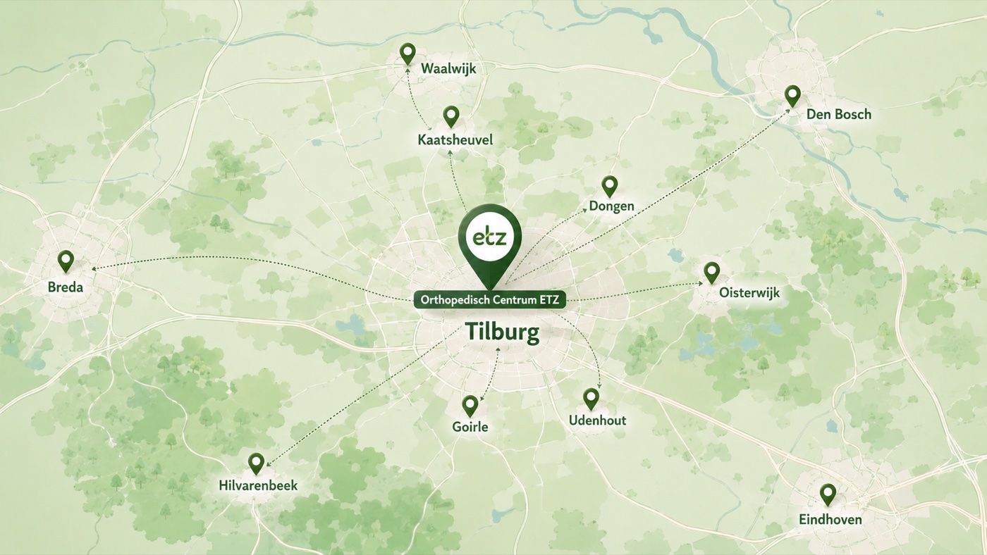 Kaart van Tilburg en omgeving met regionale verbindingen rond het Orthopedisch Centrum ETZ