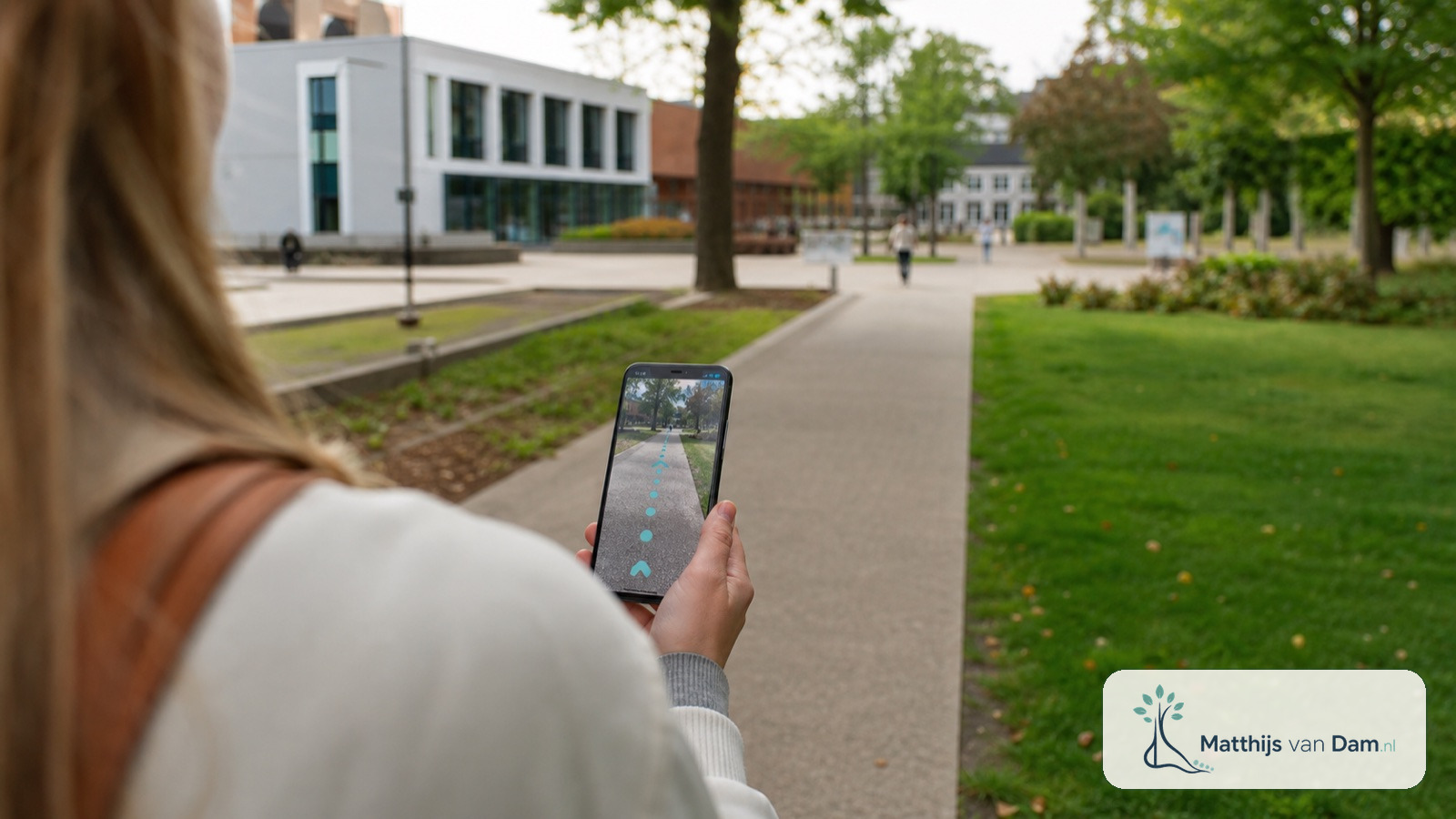 Smartphone met AR-wandelroute op een rustige campus