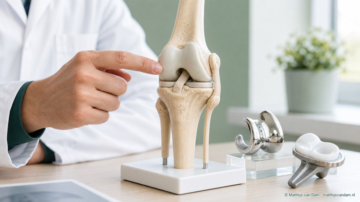 Medische illustratie van een knie met artrose en een knieprothese