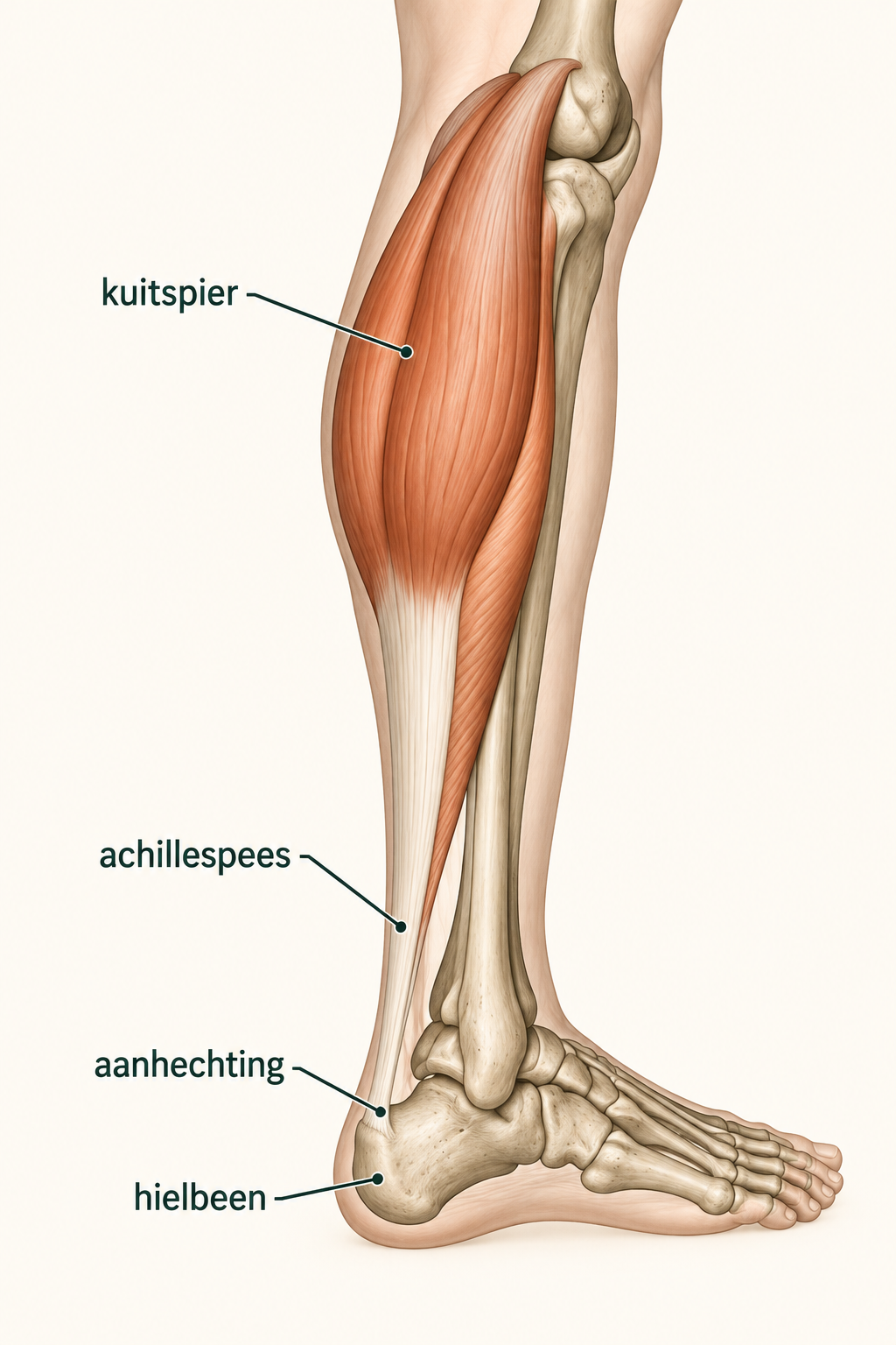 Anatomische tekening van de kuitspier, achillespees, aanhechting en het hielbeen