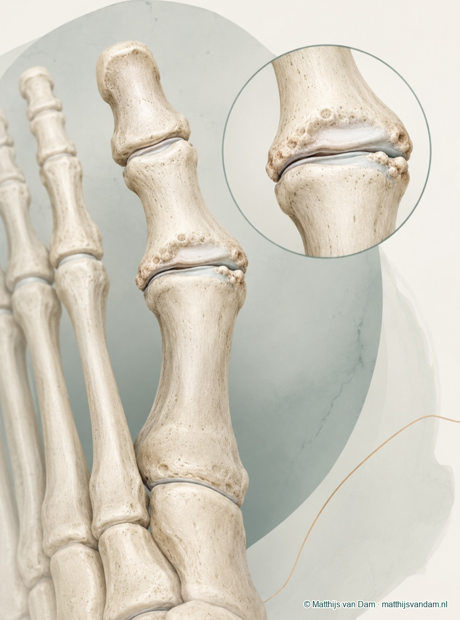 Medische illustratie van hallux rigidus met botaanwas en vernauwing van het grote-teengewricht