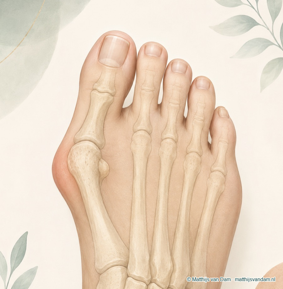 Medische illustratie van hallux valgus met scheefstand van de grote teen en knobbel aan de binnenzijde van de voorvoet