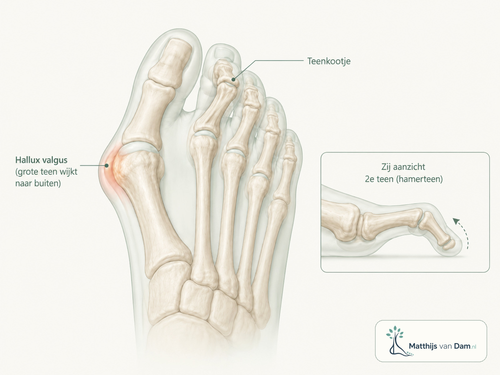 Illustratie van hallux valgus met druk op de tweede teen en hamerteenstand